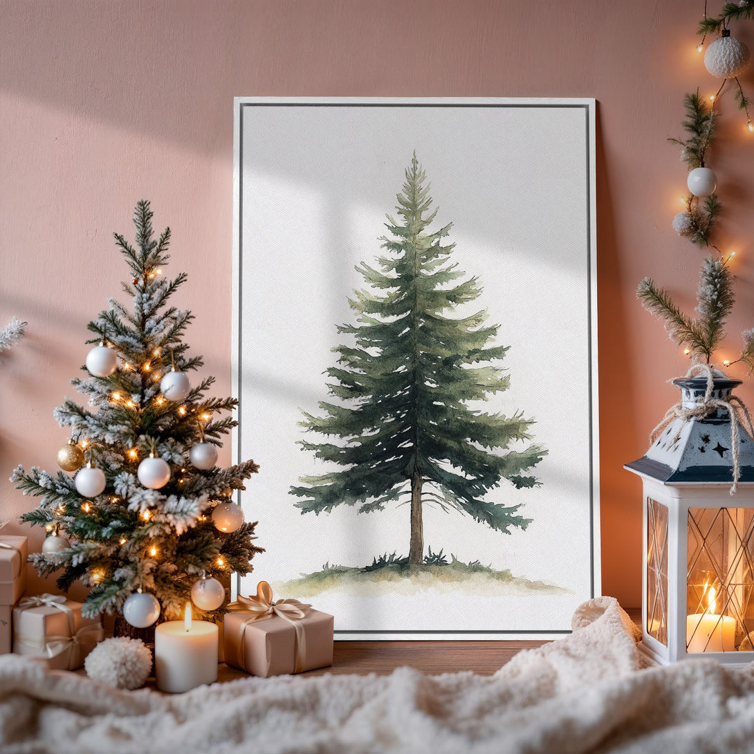 Framed Wall Art: Watercolor evergreen tree print in a cozy, neutral interior. Earthy green and beige tones create a warm, inviting aesthetic. Perfect for holiday decor!