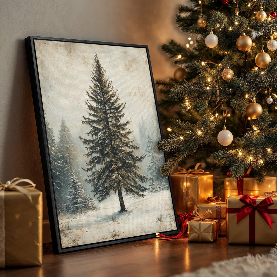 Framed Wall Art: Winter forest scene in muted tones. Rustic canvas print with a snowy landscape, perfect for cozy holiday decor.