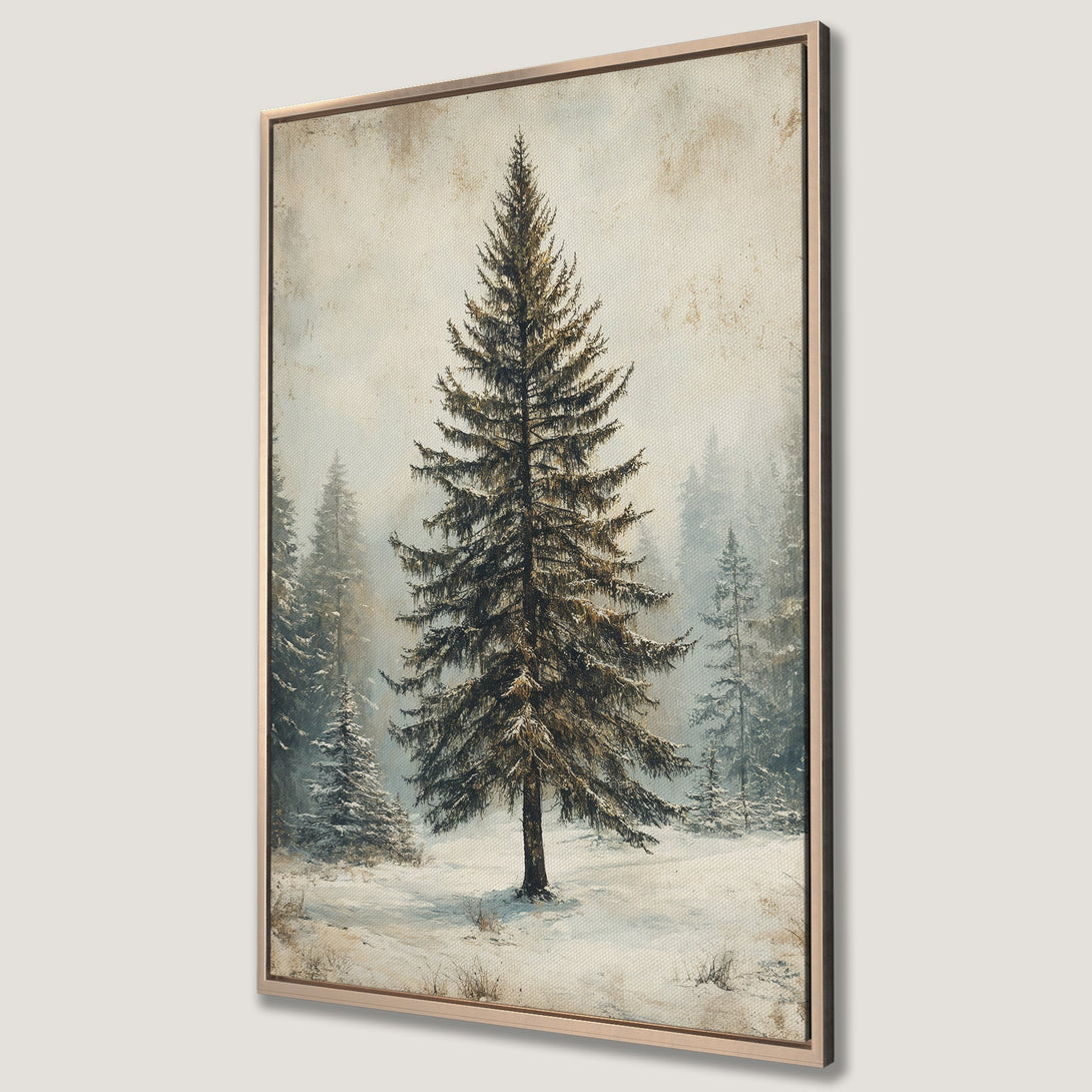 Framed Wall Art of a serene winter forest scene with a large pine tree. Neutral color palette with brown and blue hues. Perfect for rustic decor.