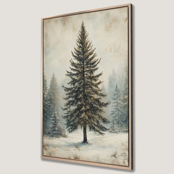 Framed Wall Art of a serene winter forest scene with a large pine tree. Neutral color palette with brown and blue hues. Perfect for rustic decor.