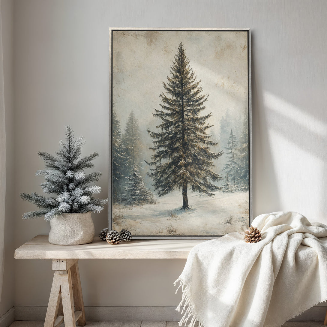 Framed Wall Art: Winter forest scene in muted tones. Rustic canvas print with a vintage aesthetic, featuring a serene landscape in neutral colors. Perfect for cozy decor.