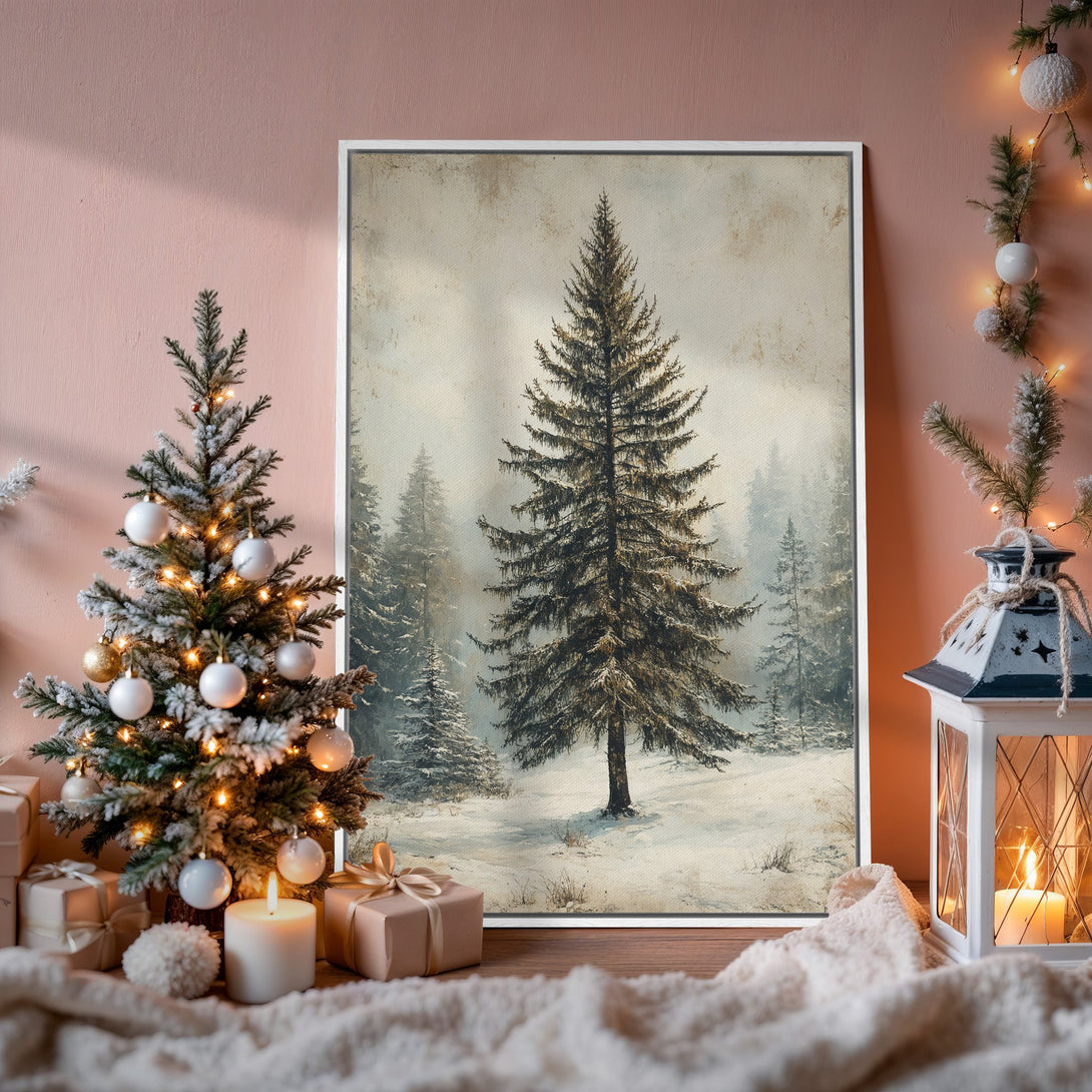 Framed Wall Art featuring a winter forest scene in muted tones. Rustic style canvas print with a warm, inviting color palette perfect for holiday decor.