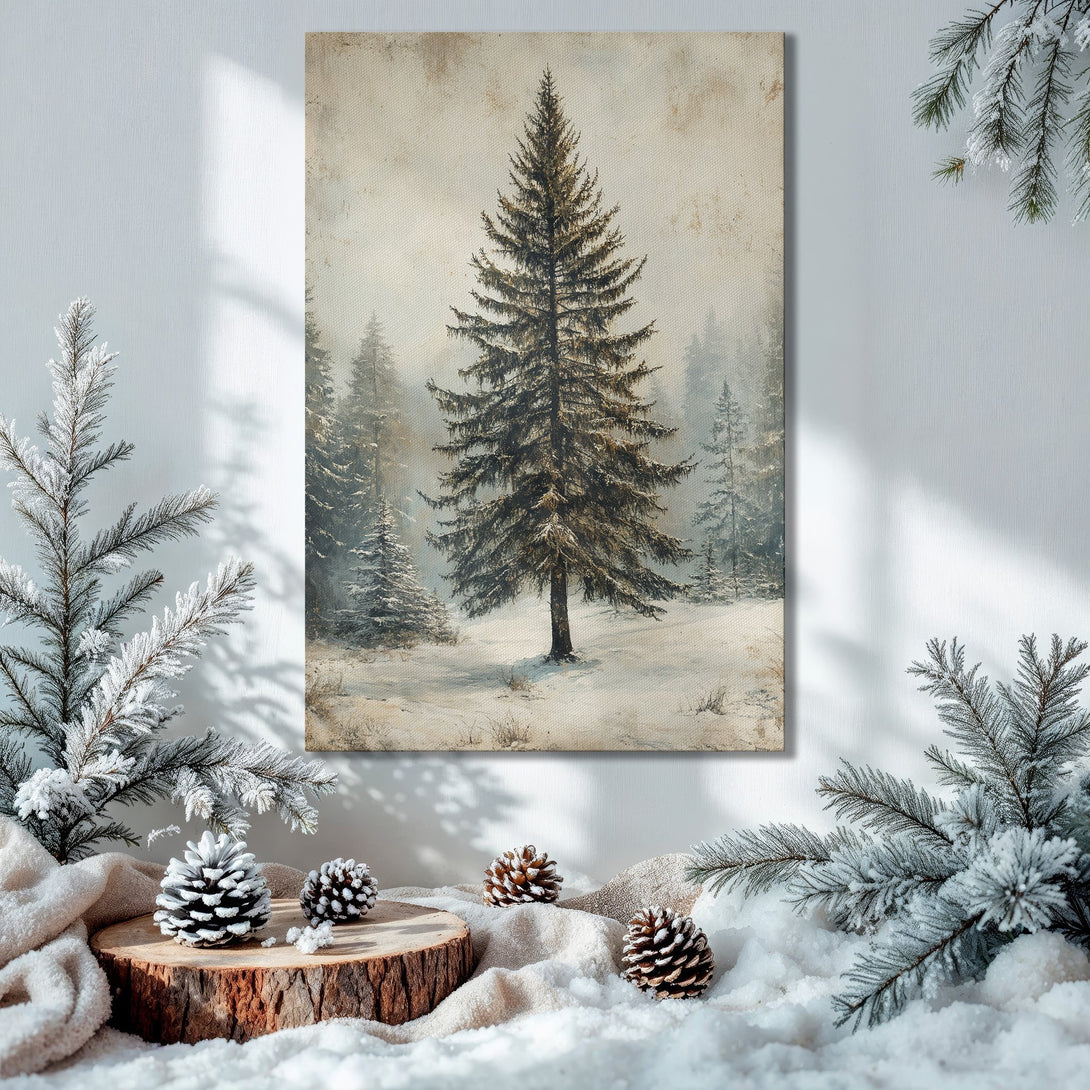 Framed Wall Art: Winter forest landscape Canvas Print in neutral tones, perfect for cozy home decor. Features a gold frame and snowy scene.