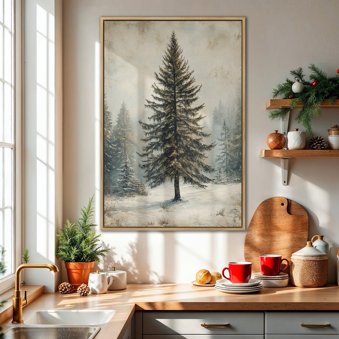 Framed Wall Art: Winter forest scene in muted tones. Rustic style canvas print with a snowy landscape. Perfect for cozy home decor.