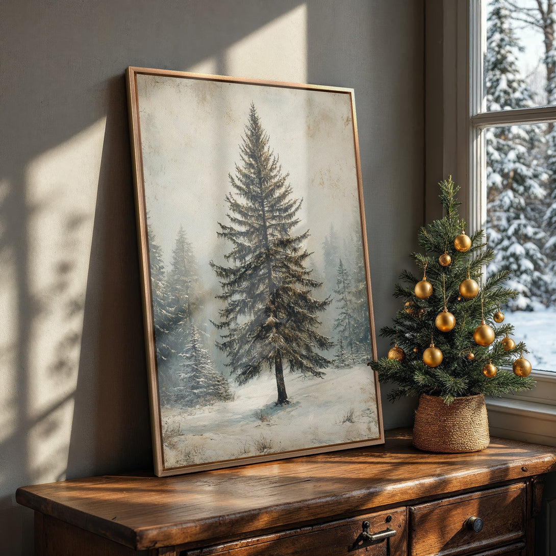 Framed Wall Art: Winter forest scene in muted tones. Rustic style Canvas Print with a serene, snowy landscape. Perfect for cozy home decor.