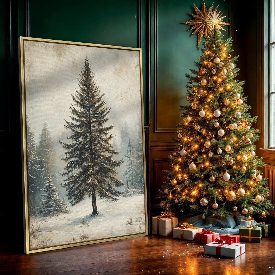 Canvas Print of a winter forest scene in muted tones. Rustic art with a vintage aesthetic, perfect for cozy home decor.