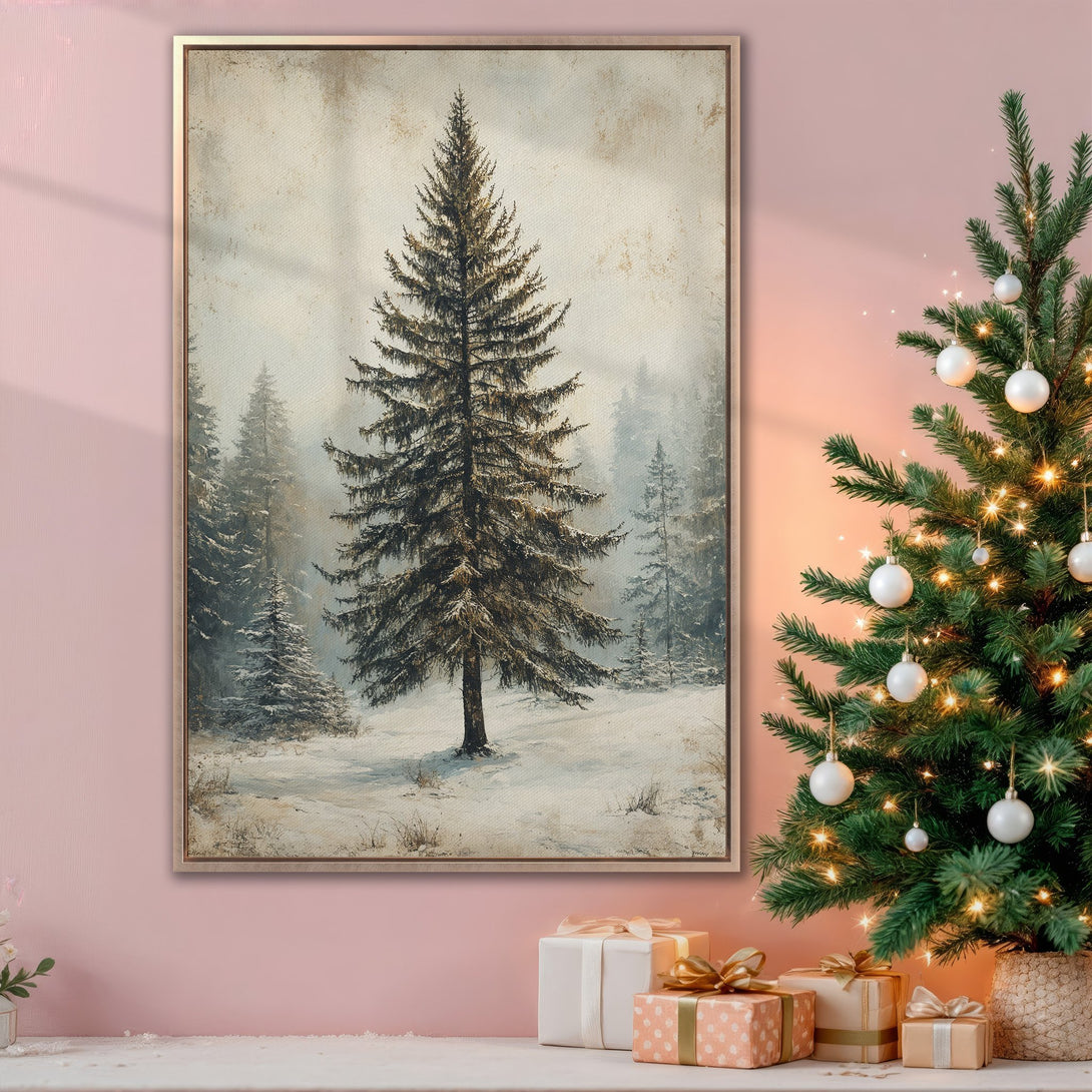 Framed Wall Art featuring a winter forest scene in muted tones. Rustic style Canvas Print with a snowy landscape and evergreen trees. Perfect for holiday decor.