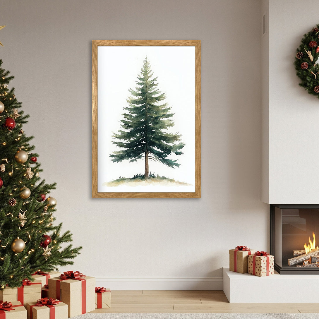 Framed Poster featuring a watercolor pine tree art print. Neutral color palette perfect for holiday decor. Add cozy vibes to your home!