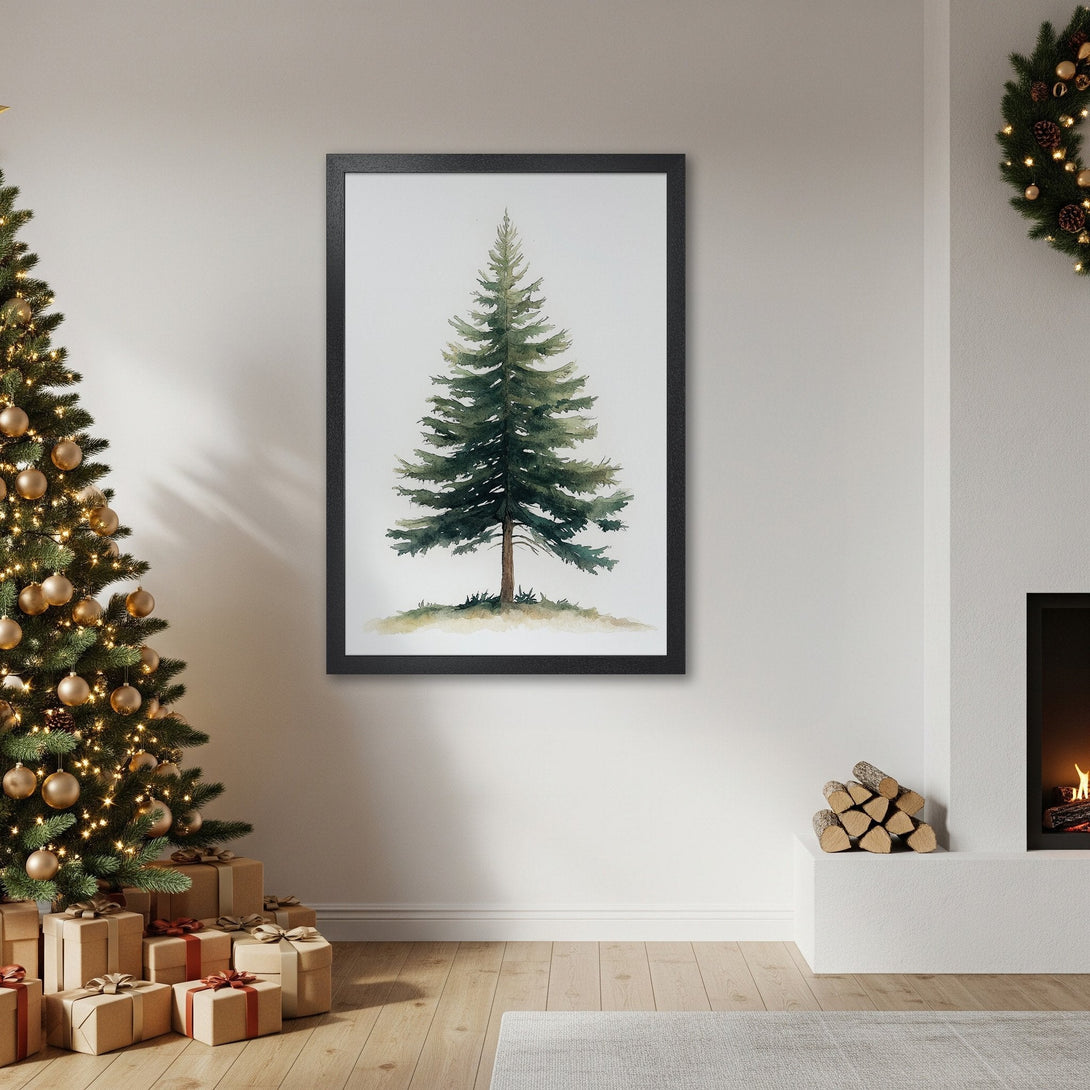 Framed Poster of a watercolor evergreen tree, perfect for holiday decor. Earthy tones, minimalist style.