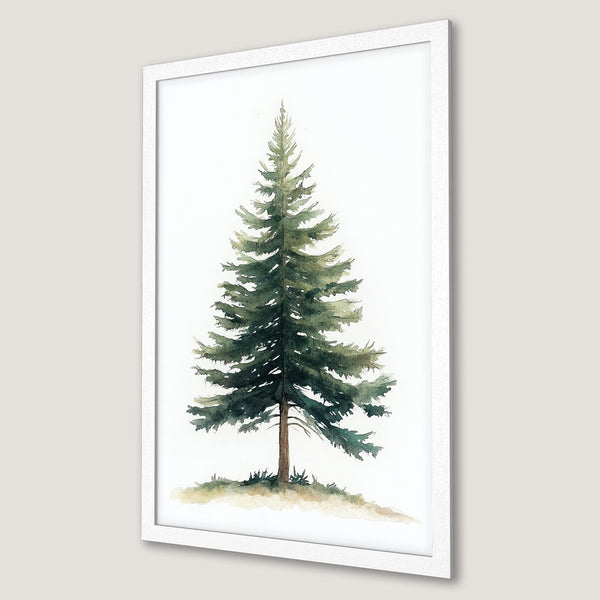 Framed Poster of a watercolor pine tree. Featuring a minimalist style and a green and white color palette. Perfect for nature lovers!