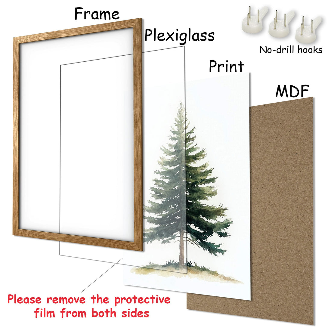 Framed Poster featuring a watercolor evergreen tree. Earthy tones and natural style. Perfect for home decor!
