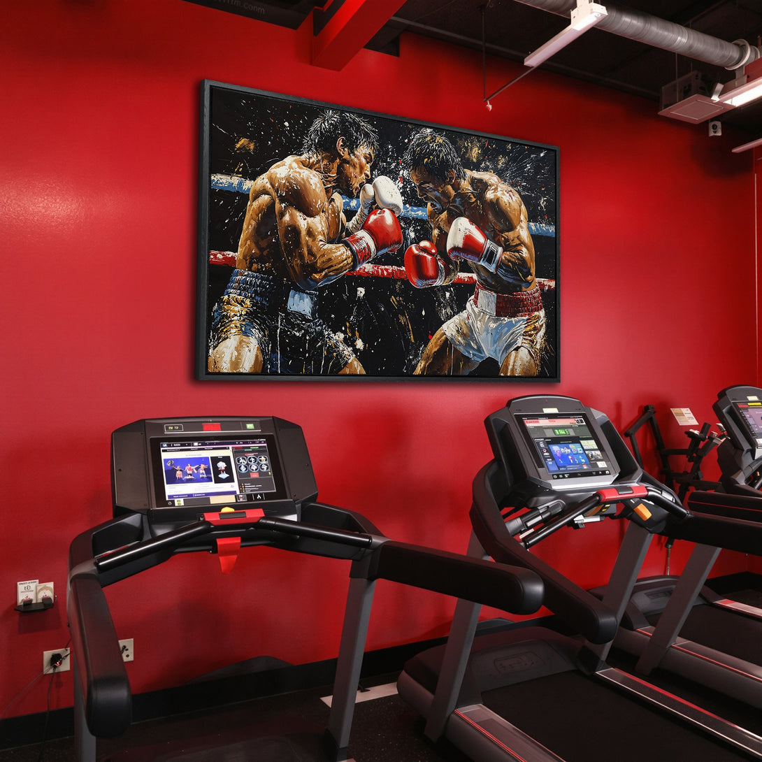 Framed Wall Art: Intense boxing match canvas print in a gym, showcasing a bold, action-packed style with a red and black color palette. Perfect for home decor!