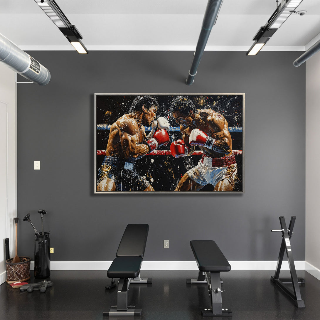 Framed Wall Art: Powerful boxing match art print in a gym setting. Bold, expressive style with a dramatic color palette of red, black, and tan.