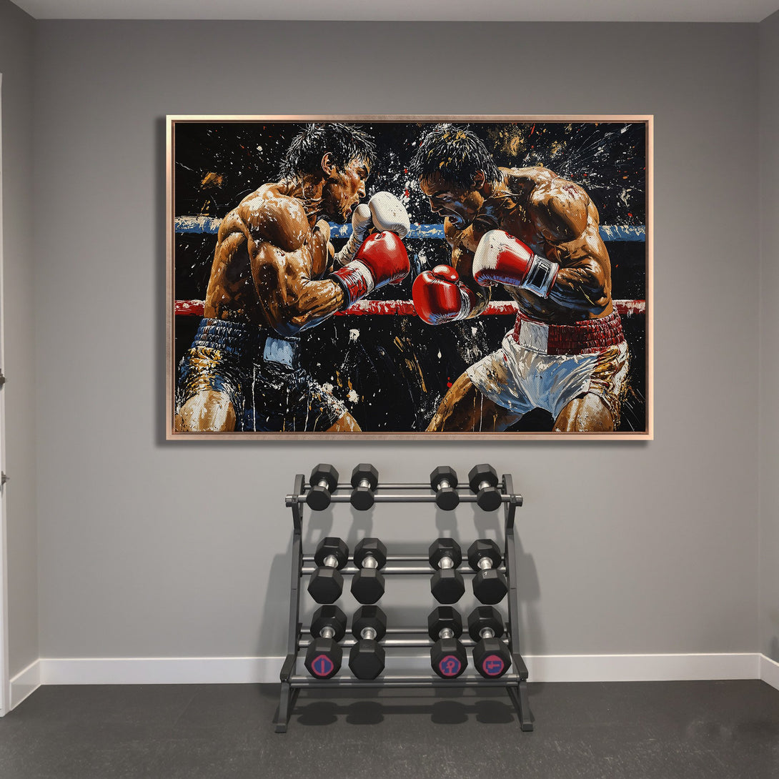 Framed Wall Art: Dynamic boxing match canvas print in a gym. Bold, expressive style with a warm, earthy palette and splashes of red.