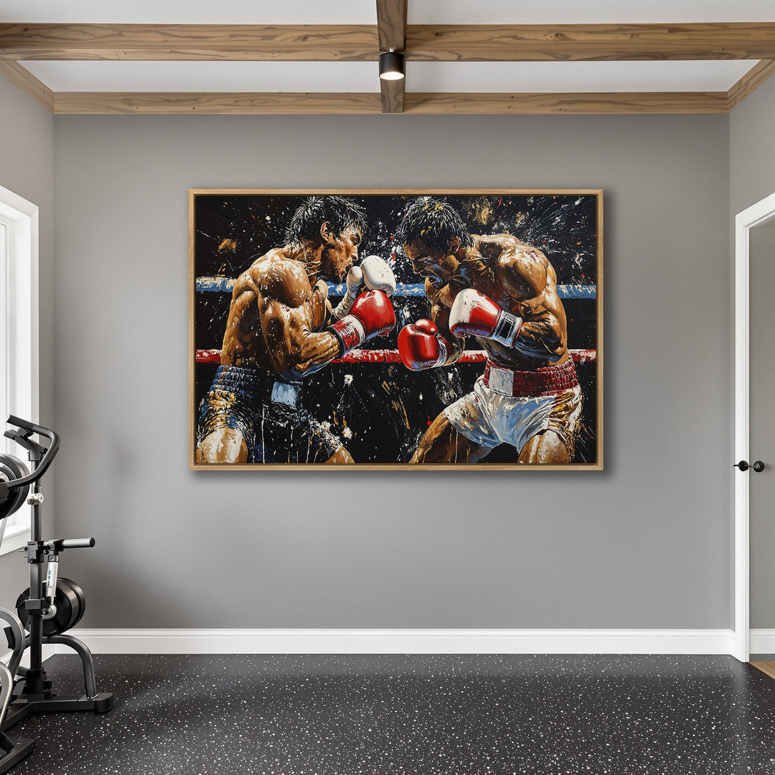 Framed Wall Art: Dynamic boxing match art in a modern style. Bold red, black, and white color palette. Perfect for home gyms or sports-themed decor.