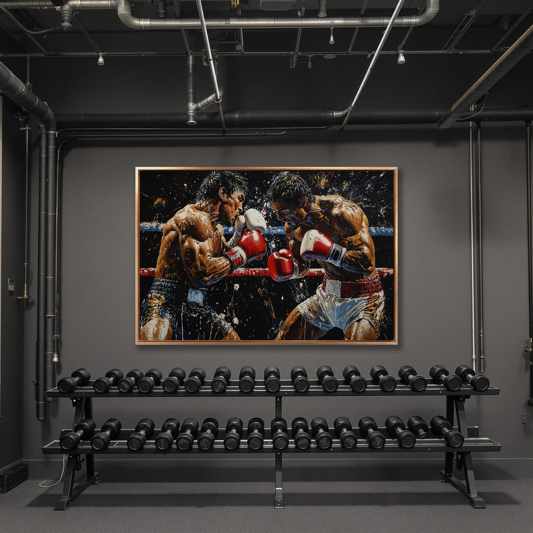 Framed Wall Art of boxers in action. Dramatic, abstract style with a warm, earthy color palette. Perfect for gym or home decor.