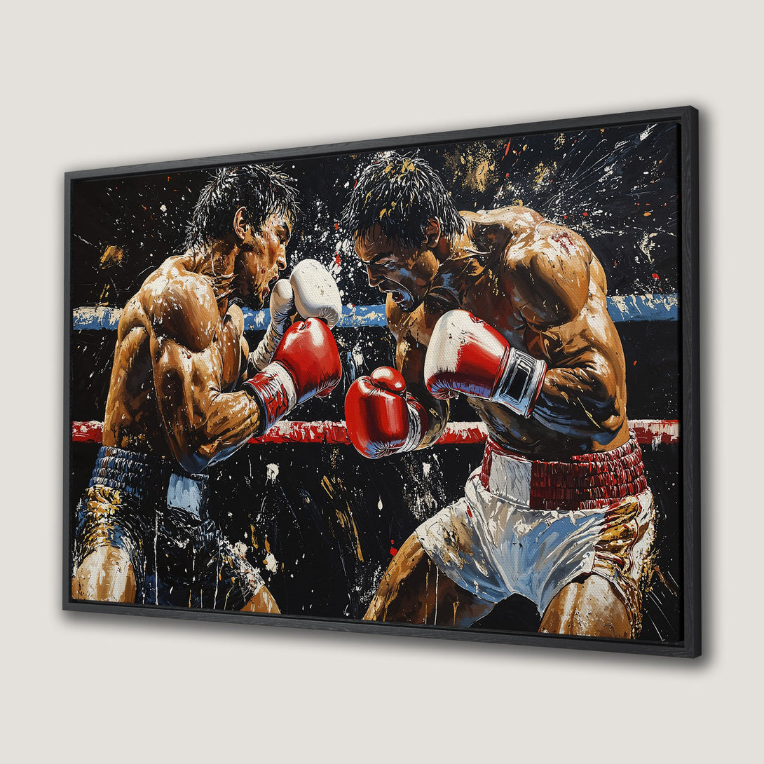 Framed Wall Art: Dynamic boxing match painting with bold brushstrokes, vibrant red & black palette. Perfect for sports fans!