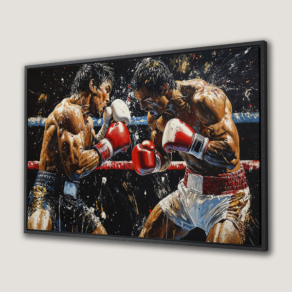 Framed Wall Art: Dynamic boxing match painting with bold brushstrokes, vibrant red & black palette. Perfect for sports fans!