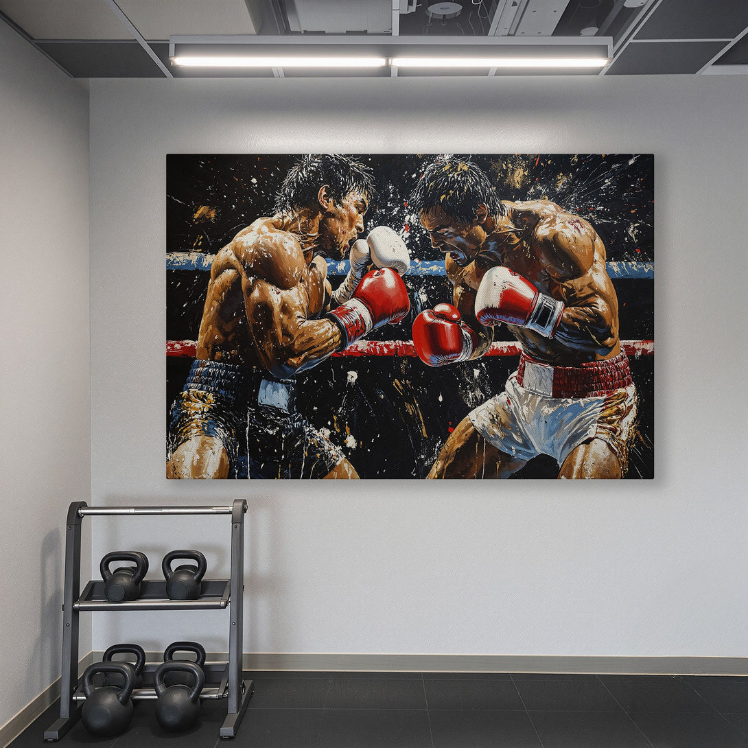 Framed Wall Art of boxing match in a gym. Bold, expressive style with a warm color palette. Perfect for home decor and fitness enthusiasts.