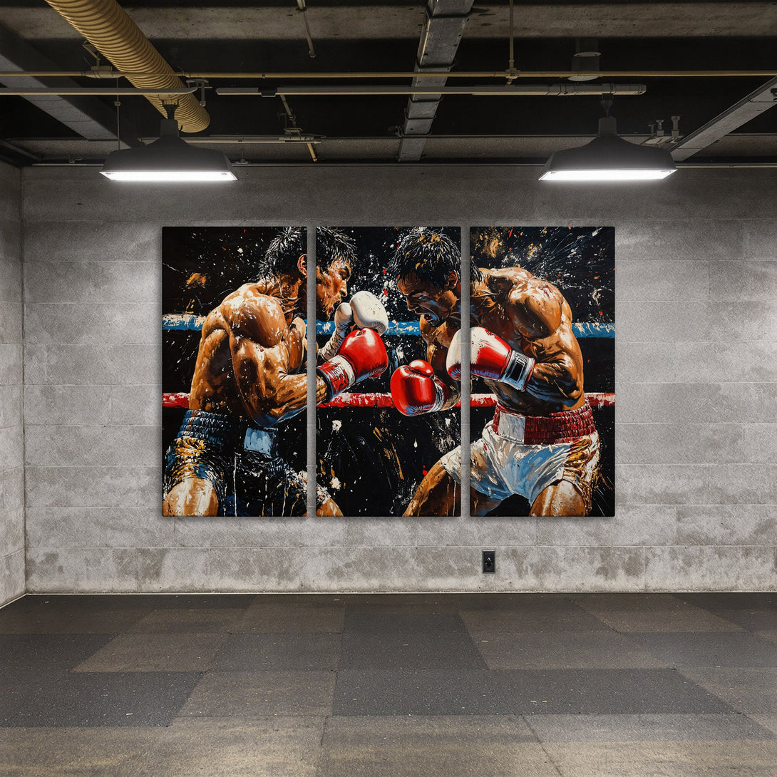 Canvas Print of a boxing match in a modern, abstract style. Bold colors of red, black, and gold create a dynamic, powerful artwork.