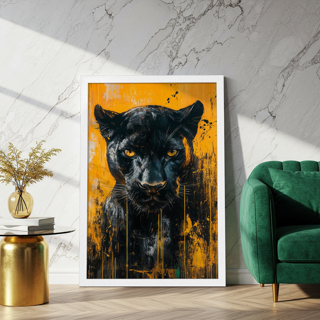 Framed Poster featuring a striking black panther art print. Bold, modern style with a vibrant yellow and black color palette. Elevate your decor!