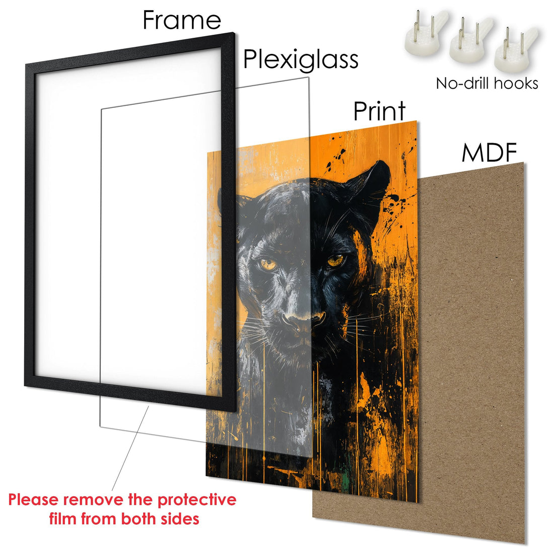 Framed Poster featuring a black panther with an abstract style and orange/black color palette. Ready to hang!