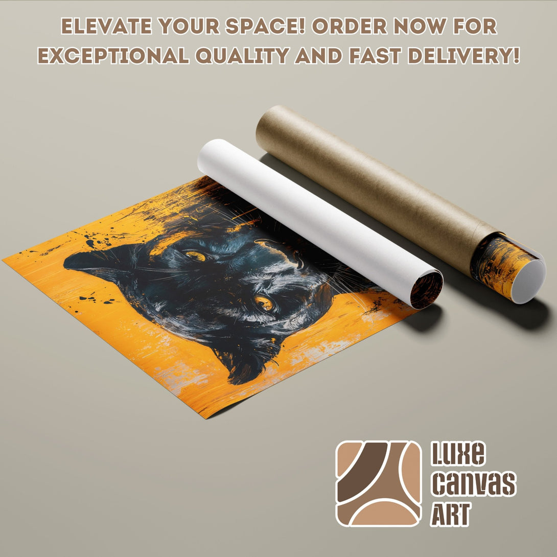 Poster Roll featuring a black panther art print with an orange and black color palette. Abstract style. Order now!