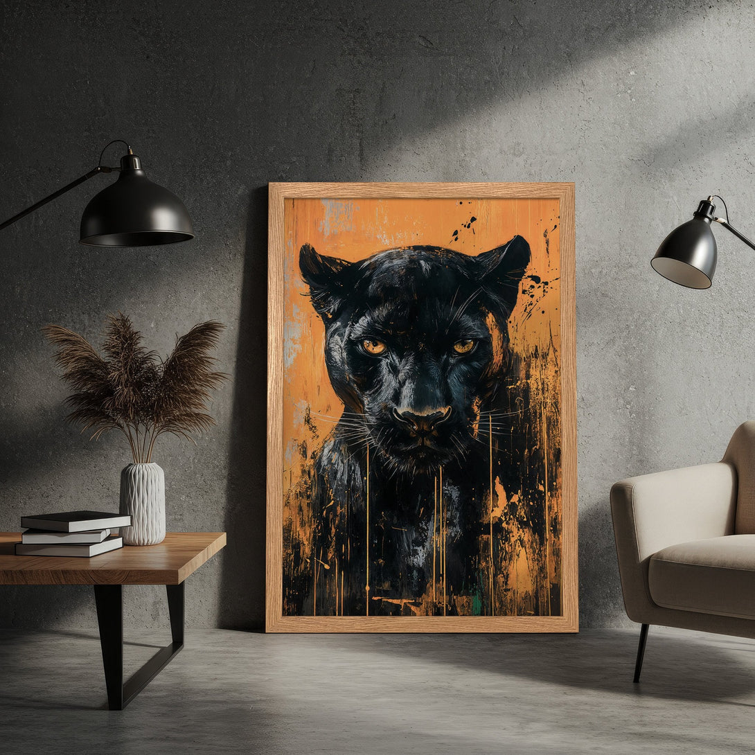Framed Poster featuring a striking black panther art print in a modern, abstract style with a warm orange and black color palette.