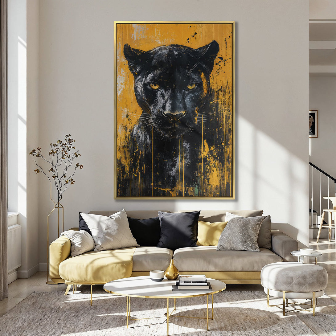 Canvas Print of a black panther with yellow eyes, abstract style, set against a yellow and black background. Adds a bold statement to any room.