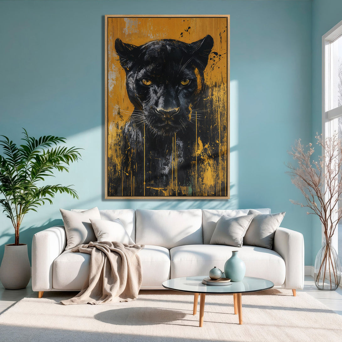 Framed Wall Art featuring a striking black panther against a gold backdrop. Modern abstract art with a bold, luxurious color palette. Perfect for home decor.