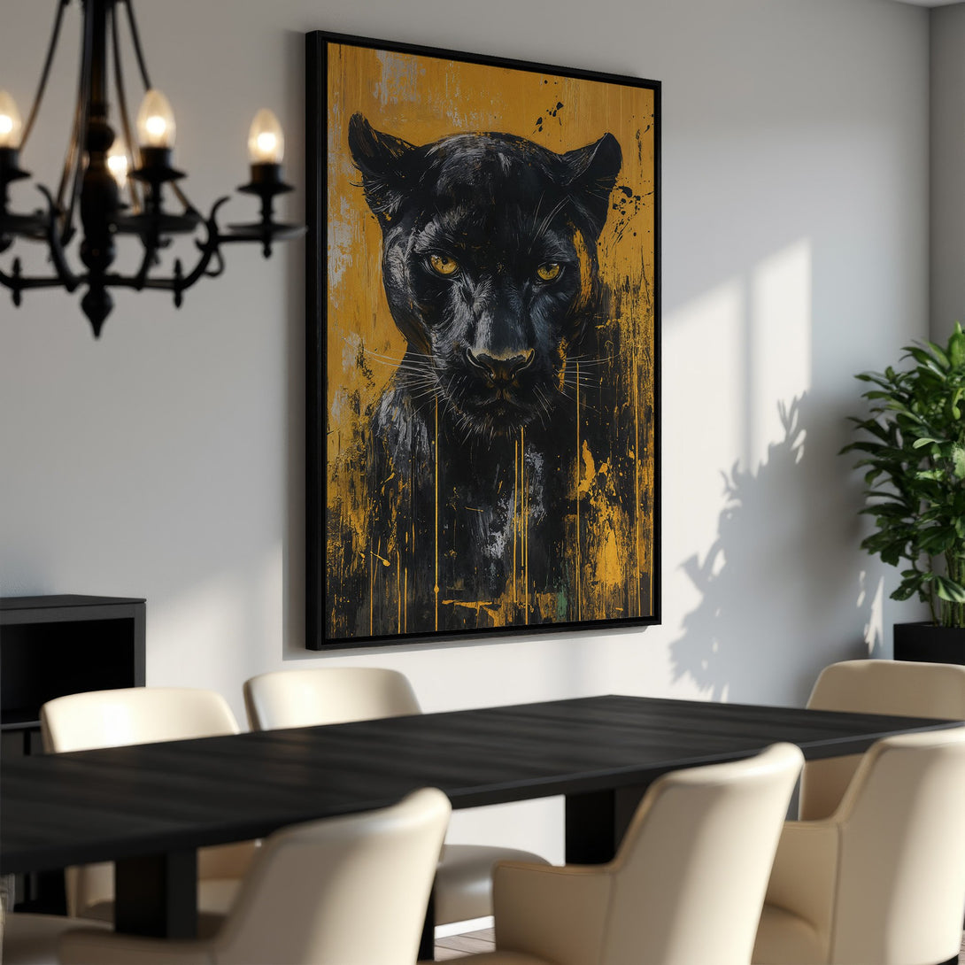 Framed Wall Art featuring a striking black panther portrait with a gold and black color palette. Modern abstract style Canvas Print perfect for any interior.