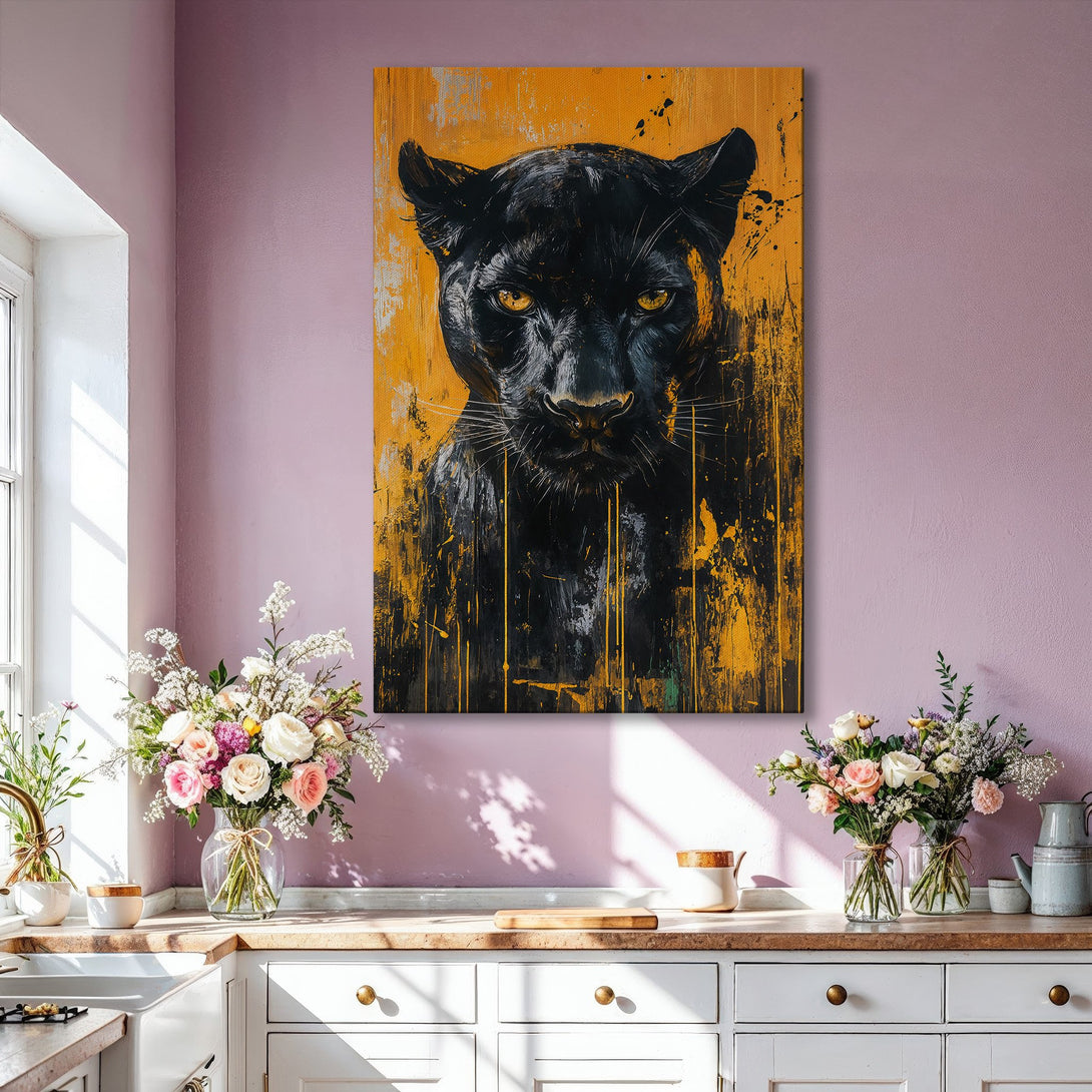 Framed Wall Art: Bold black panther portrait with gold accents. Modern abstract style, striking black & gold color palette. Perfect for living room decor.