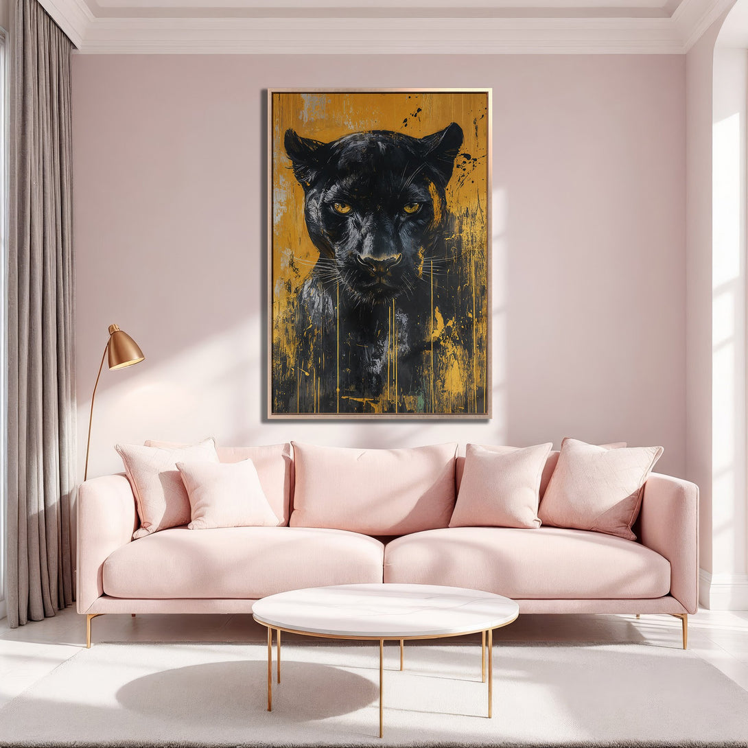 Framed Wall Art featuring a striking black panther portrait with a gold and yellow abstract background. Modern art piece with a blush pink and gold interior.