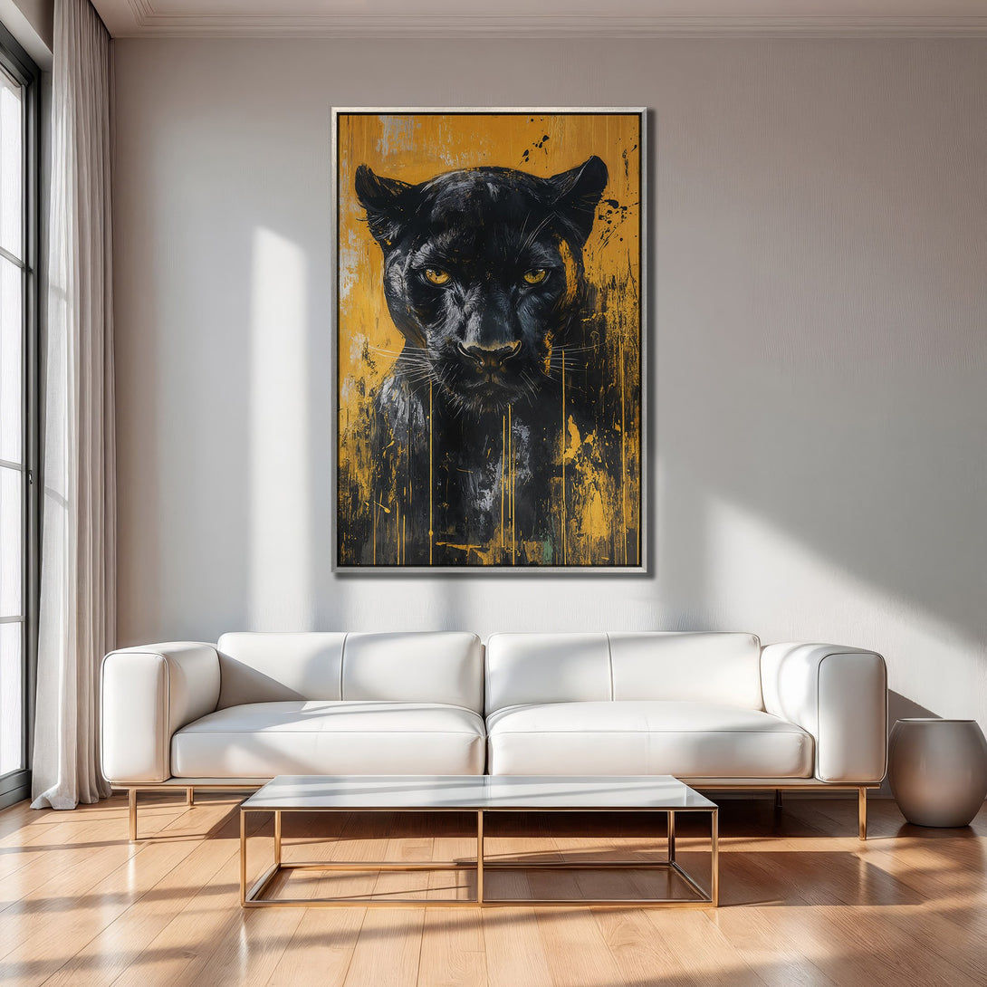 Framed Wall Art: Abstract black panther portrait with gold & yellow accents. Modern canvas print for living room decor.