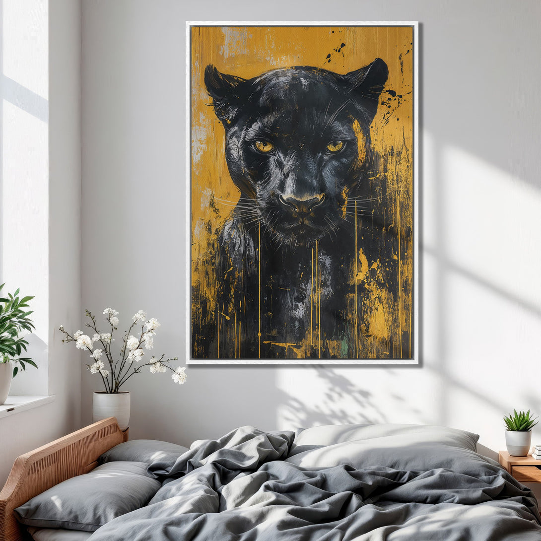 Framed Wall Art featuring a striking black panther painting with a gold and black color palette, adding a touch of modern art to any bedroom.