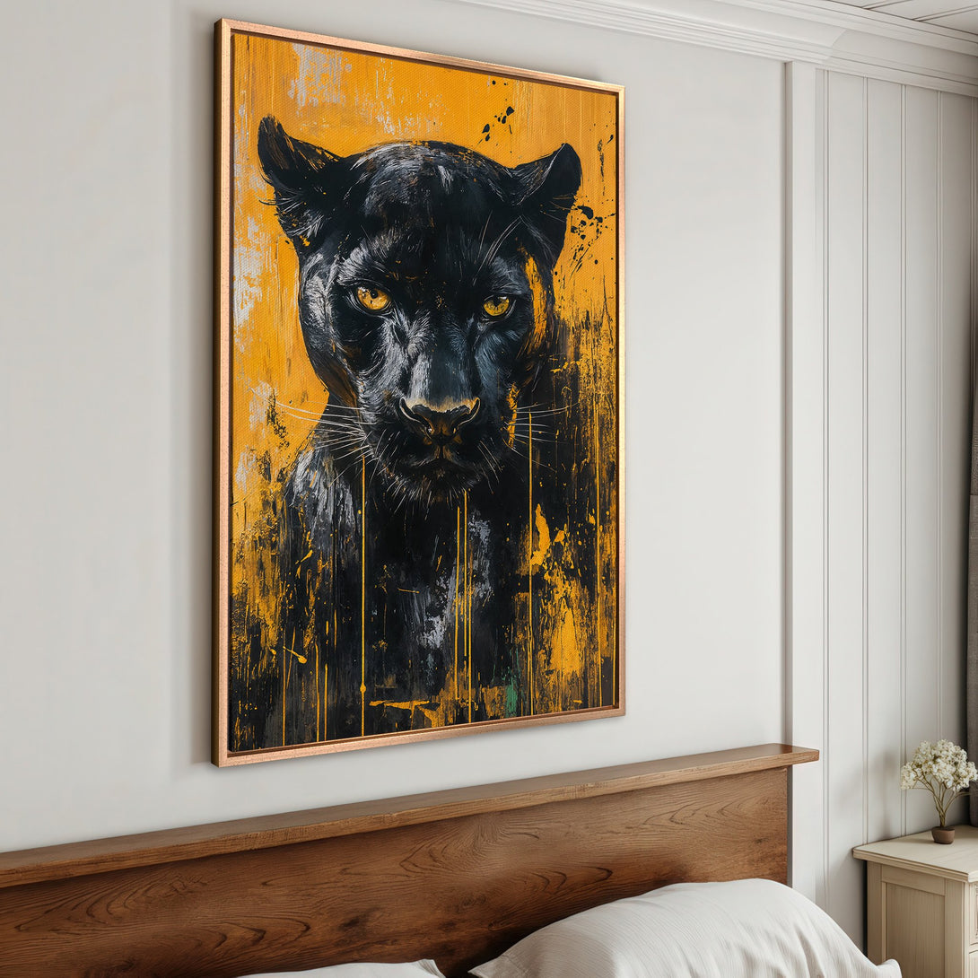 Framed Wall Art: Fierce black panther portrait in abstract style with a striking yellow and black color palette. Elevate your space with this bold statement piece.