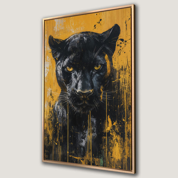 Framed Wall Art: Impressive black panther portrait in abstract style. Bold black and gold color palette, perfect for modern decor.