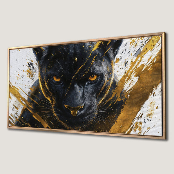 Framed Wall Art: Fierce black panther portrait with gold accents on white. Modern, abstract style. Dramatic, luxurious wall decor.