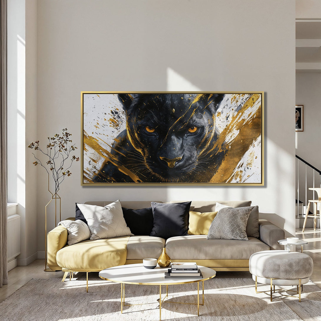 Canvas Print of a black panther with gold accents. Modern abstract art in a dramatic black, white, and gold color palette.