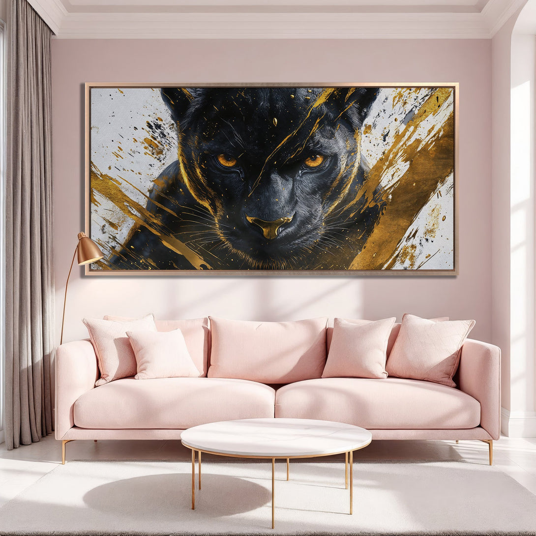 Framed Wall Art: Fierce black panther with gold accents on white canvas. Modern abstract style, perfect for adding a touch of luxury.
