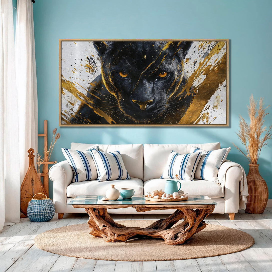 Framed Wall Art: Majestic black panther portrait with gold accents. Modern art in a living room with a blue and gold color palette.