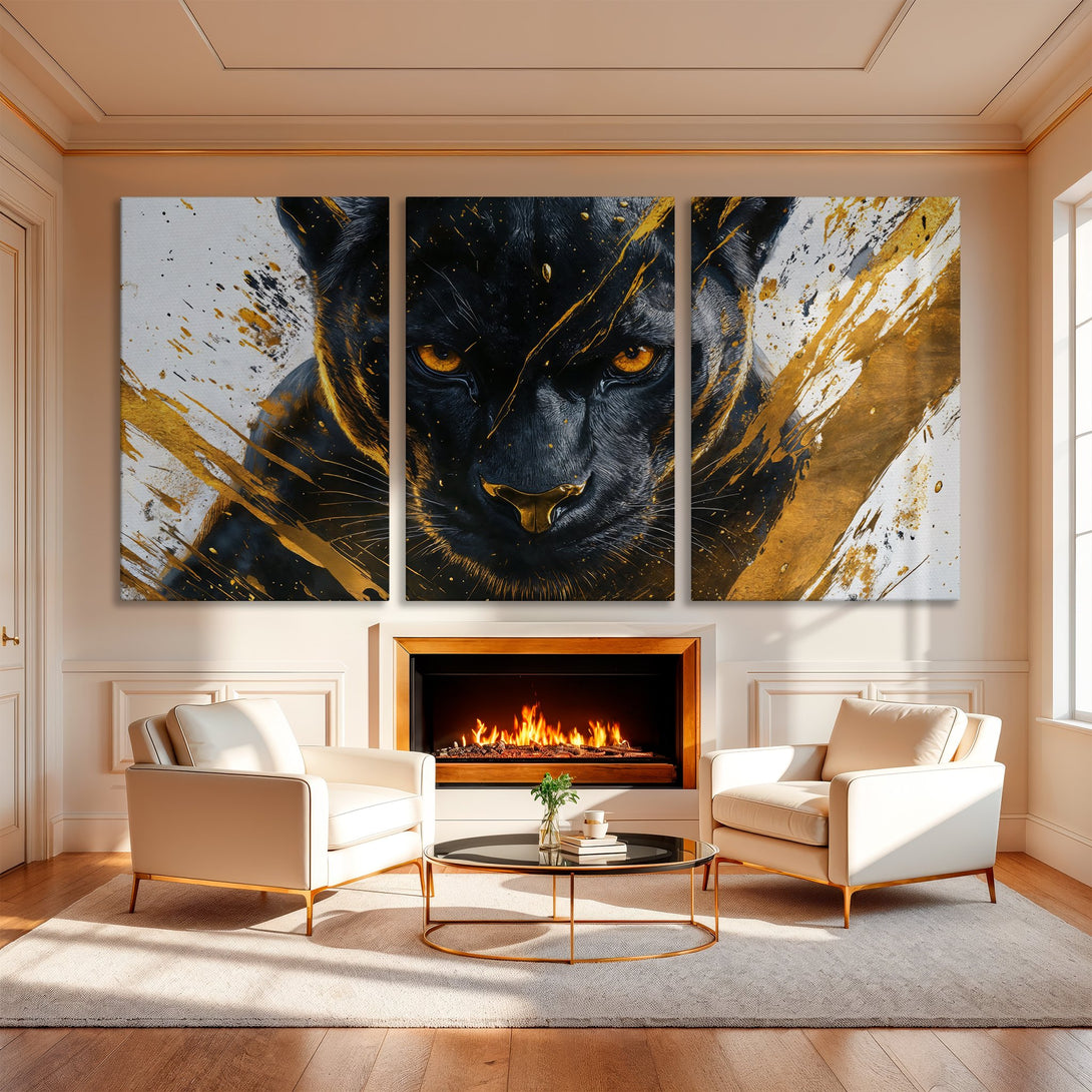 Canvas Print: Fierce black panther art with gold accents. Modern, abstract style. Dramatic wall decor in a luxurious interior.