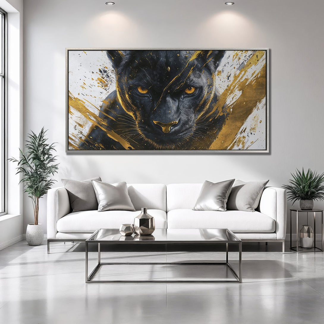 Framed Wall Art: Black panther art with gold accents. Modern canvas print in a white and gold color palette, perfect for home decor.