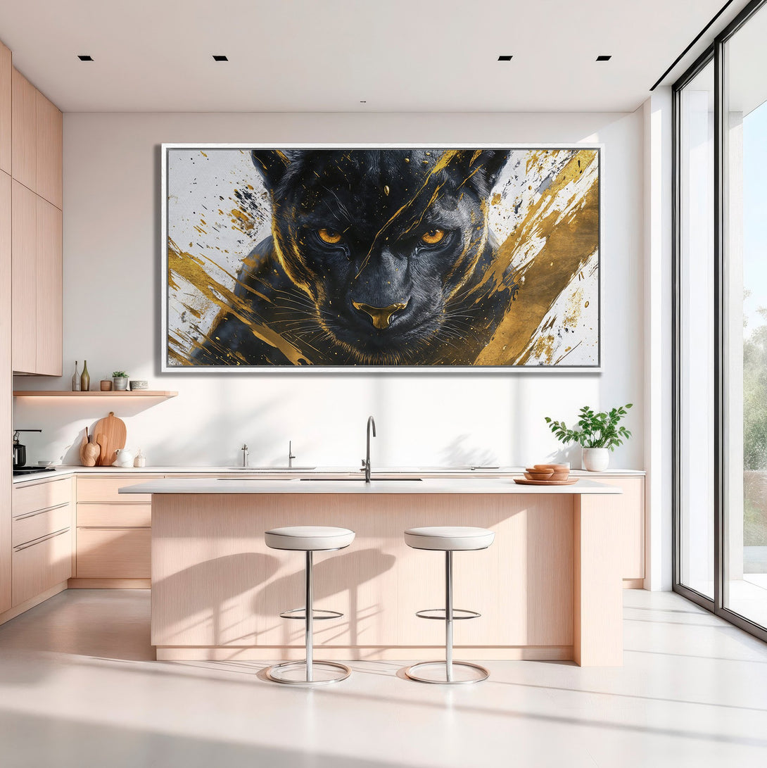 Framed Wall Art: Black panther canvas print with gold accents. Modern abstract art in a neutral kitchen. Elevate your space with striking animal art.