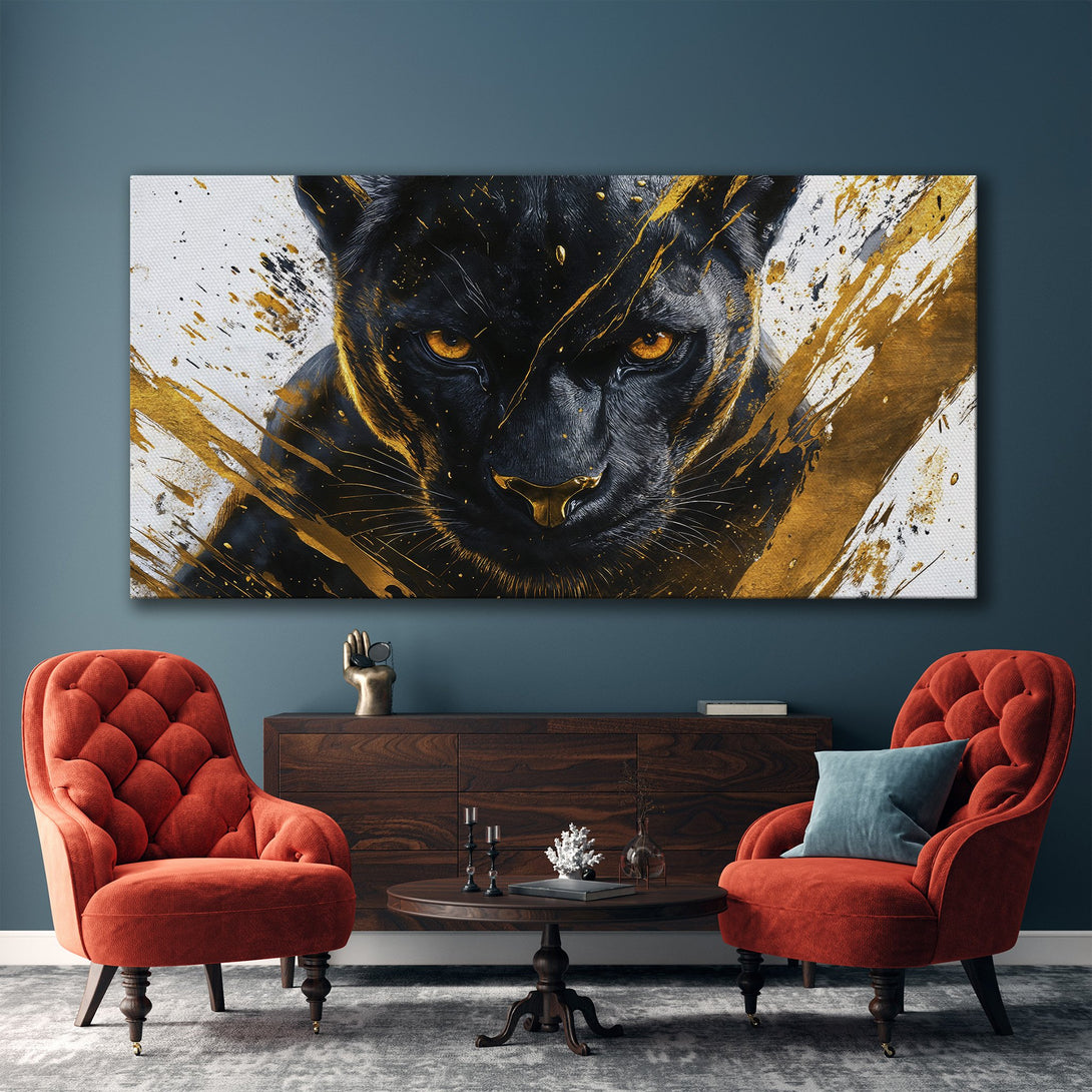 Framed Wall Art: Fierce black panther portrait with gold accents on white background. Modern abstract style. Adds luxury to any room!