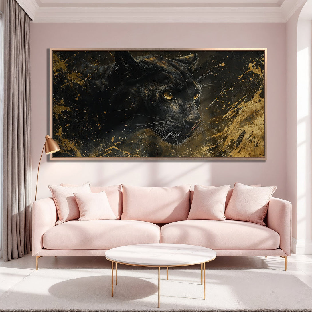 Framed Wall Art: Black panther portrait with gold accents. Dramatic, modern canvas print in a luxurious interior with pink and gold tones.