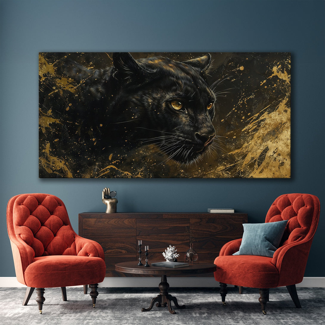 Framed Wall Art: Majestic black panther portrait with gold accents. Modern art style in a black and gold color palette. Elevate your space with this stunning canvas print.