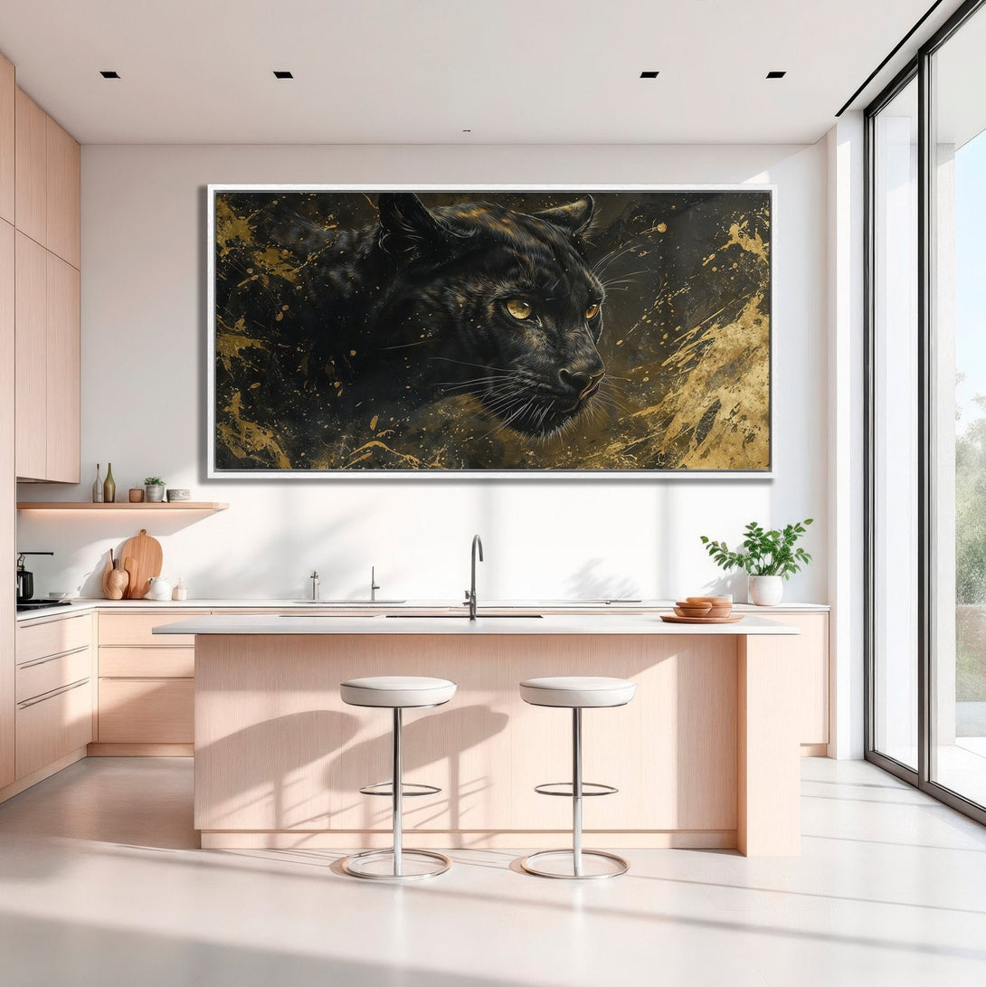 Framed Wall Art: Majestic black panther portrait with gold accents. Modern Canvas Print in a kitchen setting. Black and gold art for a luxurious home.