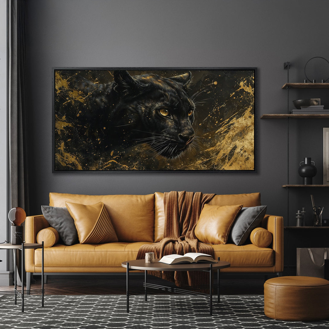 Framed Wall Art: Black panther portrait with gold accents. Modern Canvas Print in a dark, moody interior with a warm, neutral color palette. Elevate your space!