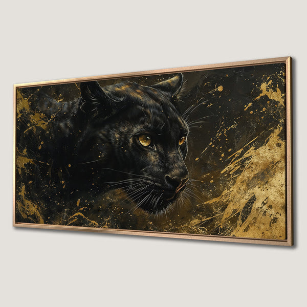 Framed Wall Art: Majestic black panther portrait with gold accents on a dark background. Stunning animal art canvas print, perfect for modern decor.